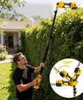 Man using cordless pole hedge trimmer with 16ft reach to trim overgrown bushes, featuring a 180° cutting angle.