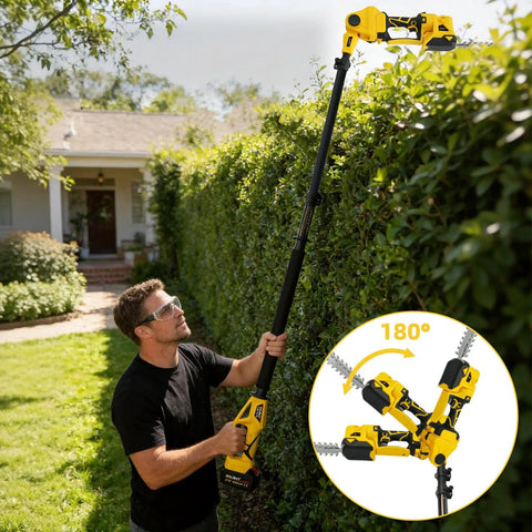 Man using cordless pole hedge trimmer with 16ft reach to trim overgrown bushes, featuring a 180° cutting angle.