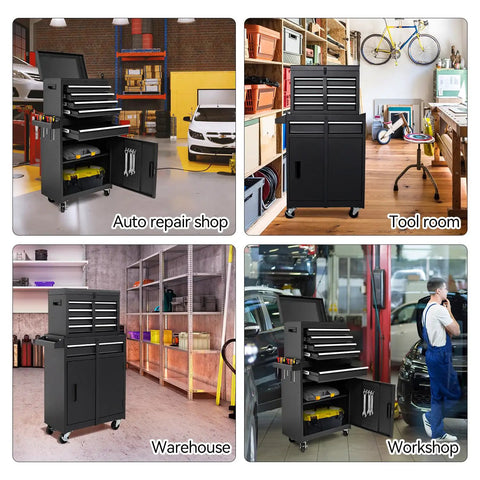 Collage of 5 Drawer Rolling Tool Chest With High Capacity Adjustable Shelf Lockable Drawers Detachable 2 In 1 Mechanic Tool Box Storage Cabinet On Wheels For Garage Workshop Warehouse And Repair Shop in various settings.
