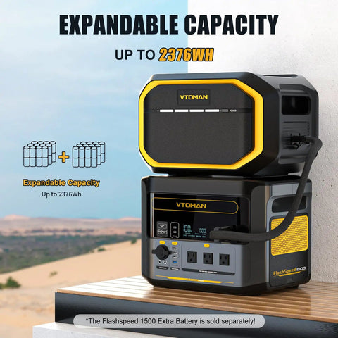 VTOMAN Portable Power Station with Expandable Capacity up to 2376Wh for outdoor and emergency use.