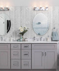 Striped Peel And Stick Wall Paper Grey And White Vinyl Self Adhesive Contact Paper in bathroom over double sink vanity