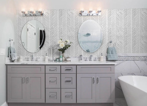 Bathroom with Gray Striped Peel And Stick Wallpaper Roll 17.7 Inches Wide By 394 Inches Long, modern white and gray pattern on walls