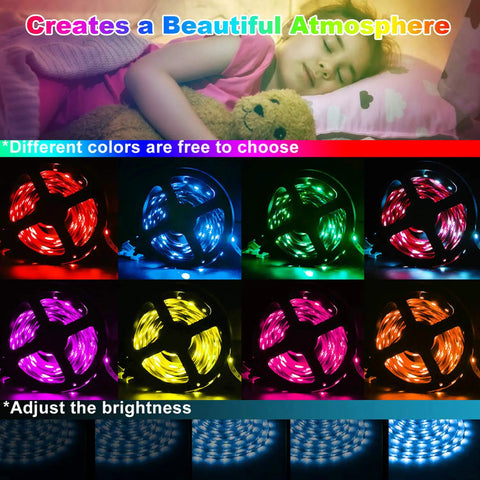 Led Strip Lights for Bedroom 49.2 Feet Color Changing Rope Lights With Music Sync in various colors under sleeping child