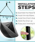 Hanging Hammock Chair Outdoor Swing For Camping And Travel, installation steps with metal bar, ropes, and chair hook instructions