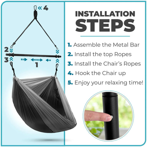 Hanging Hammock Chair Outdoor Swing For Camping And Travel, installation steps with metal bar, ropes, and chair hook instructions