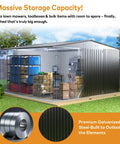 12 x 14 Ft Metal Outdoor Storage Shed Waterproof With Lockable Door All Weather Bike And Tools Shelter For Patio Lawn Backyard Black Heavy Duty Galvanized Steel Construction Easy Assembly loaded with tools and boxes, showcasing interior space.
