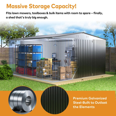 12 x 14 Ft Metal Outdoor Storage Shed Waterproof With Lockable Door All Weather Bike And Tools Shelter For Patio Lawn Backyard Black Heavy Duty Galvanized Steel Construction Easy Assembly loaded with tools and boxes, showcasing interior space.