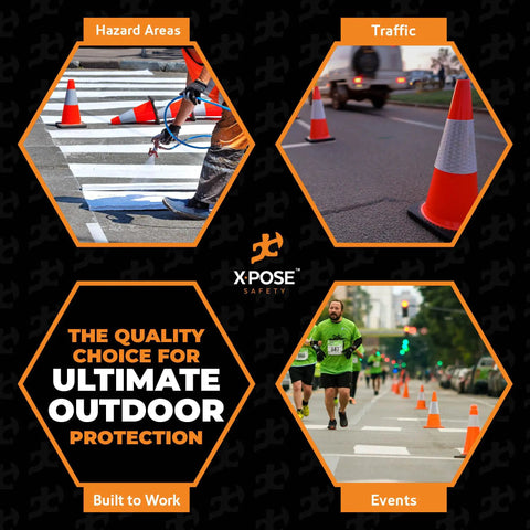 Collage of 18 Inch Orange Traffic Cones With 6 Inch Collar, 4 Pack Heavy Duty Multipurpose PVC Safety Cones for various uses