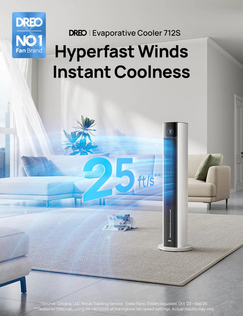 Bedroom Tower Fan With Evaporative Cooling, 43 Inch Upgraded 2025 Model, shown in a modern living room setting, illustrating airflow