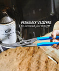 Person using Beefy 12 Inch Oil Filter Pliers 212 Forged High Carbon Steel on car oil filter, highlighting Permalock fastener strength