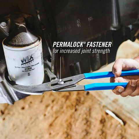 Person using Beefy 12 Inch Oil Filter Pliers 212 Forged High Carbon Steel on car oil filter, highlighting Permalock fastener strength