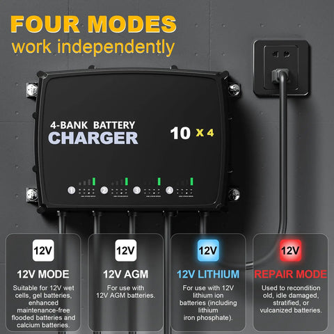 4-Bank Marine Battery Charger With Waterproof, Rugged Setup, 10A Per Bank, 12V Multi-Mode Charging For AGM, LiFePO4 And Deep-Cycle Batteries, Ideal For Boats, Yachts, And Marine Electronics