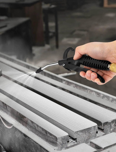 Using High Flow Air Blow Gun With Rubber Guard, Bent Angle Jet Nozzle for cleaning workshop equipment