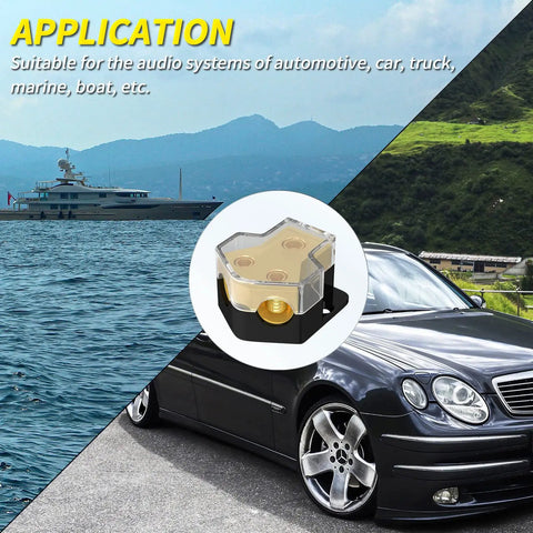 12V Car Audio Power Distribution Block 2 Way Ground Splitter With 0/2/4 Gauge In And 4/8/10 Gauge Out, Amp Distribution Block For Marine Auto Boat Setup, Durable Shielded Cover Included. For car and boat audio use