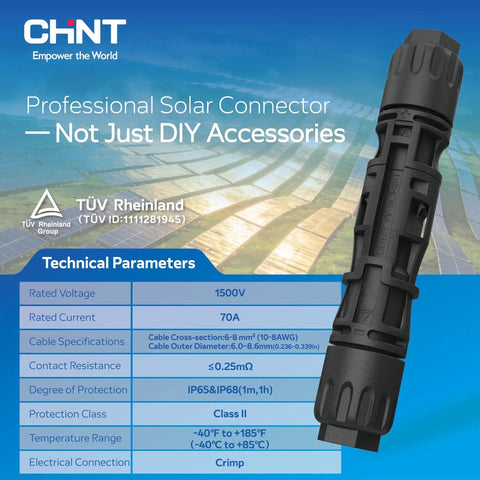 Image of 8AWG Solar Panel Connectors Built To Haul Big Power For PV Systems 1500V DC 70A Heavy Duty MC4 Compatible with technical specs