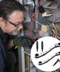 Technician using HVAC Air Conditioning Valve Ratchet Wrench Set with Dual Pneumatic Wrenches for repairs.