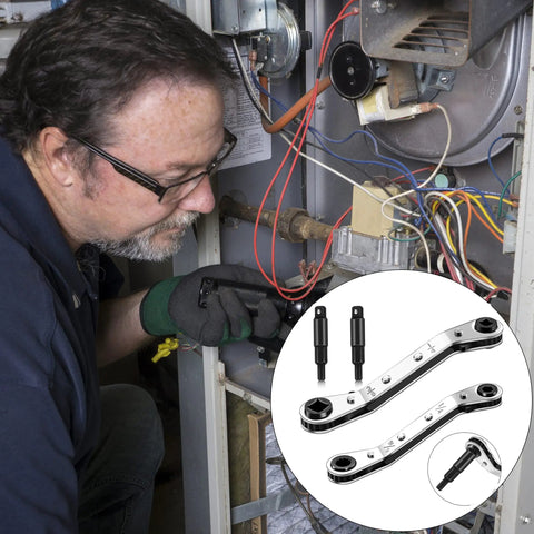 Technician using HVAC Air Conditioning Valve Ratchet Wrench Set with Dual Pneumatic Wrenches for repairs.