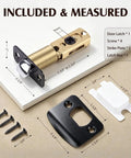 Square Spindle Door Latch Replacement With Adjustable Backset Quick Swap No Sweat Install For Bedroom And Bathroom Door Knob Assembly Rock Solid Stainless Steel Matte Black parts and measurements with screws and latch.