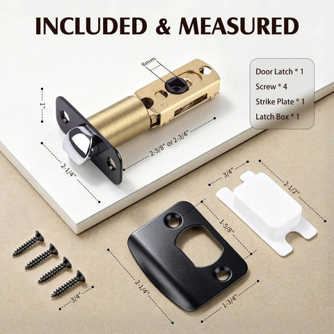 Square Spindle Door Latch Replacement With Adjustable Backset Quick Swap No Sweat Install For Bedroom And Bathroom Door Knob Assembly Rock Solid Stainless Steel Matte Black parts and measurements with screws and latch.