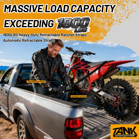Man loading motorcycle using Heavy Duty Auto Retracting Tie Down Straps With Soft Loops, 1 Inch By 12 Feet, 1800 Pound Load Capacity