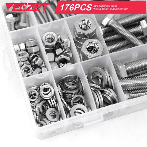176 Piece Heavy Duty Bolts and Nuts Set in 304 Stainless Steel M6 M8 M10 Includes 8 Most Common Sizes for DIYers and Auto Pros