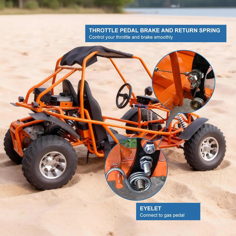 Go-kart in sandy setting showing features of 75 Inch Heavy Duty Universal Throttle Cable Kit For Predator 212cc 196cc GX160 GX200 VM22 VM24 Engines