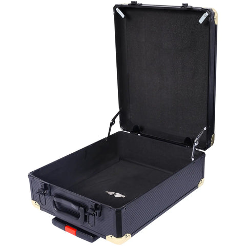 Open black 4-drawer rolling toolbox from 969 Piece Hand Tool Kit With 4 Drawer Rolling Toolbox Storage Case For Home And Garden Repairs, Complete Boss Grade DIY Tool Set For Homeowners And Pros, showing empty interior.