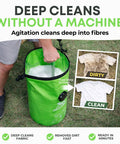 Person using Off Grid Portable Washing Machine For Camping And RVs High Capacity Manual Clothes Washer With Plunger outdoors