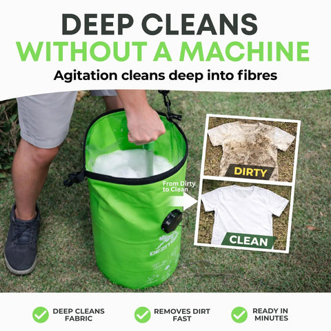 Person using Off Grid Portable Washing Machine For Camping And RVs High Capacity Manual Clothes Washer With Plunger outdoors