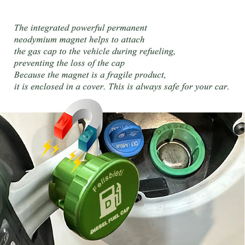 Close-up of a green magnetic aluminum diesel fuel cap in a Dodge Ram truck fuel filler, Part 82215782.