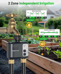 WiFi Sprinkler Timer 2 Zone With 1700 Ft Range displaying dual-zone control in a garden setting
