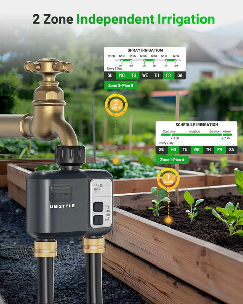 WiFi Sprinkler Timer 2 Zone With 1700 Ft Range displaying dual-zone control in a garden setting