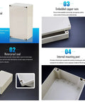 2-Pack Weatherproof Outdoor Junction Box Set, IP65 ABS Plastic Enclosures in Gray-White, showcasing internal features and seals