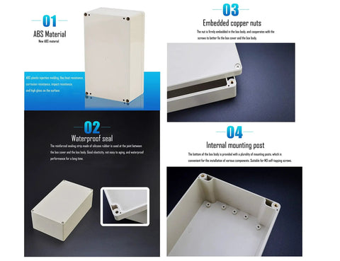 2-Pack Weatherproof Outdoor Junction Box Set, IP65 ABS Plastic Enclosures in Gray-White, showcasing internal features and seals