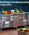 Commercial Undercounter Refrigerator 20.9 Cubic Foot Three Door Stainless Steel Worktop Cold Storage For Bars Restaurants Shops Heavy Duty Straight Shooter with vegetables on top.