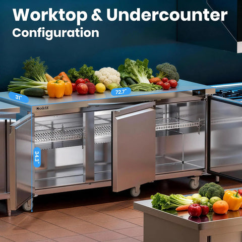 Commercial Undercounter Refrigerator 20.9 Cubic Foot Three Door Stainless Steel Worktop Cold Storage For Bars Restaurants Shops Heavy Duty Straight Shooter with vegetables on top.