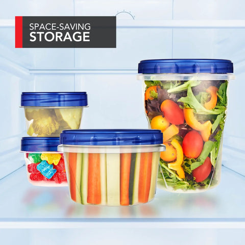32 Ounce Plastic Containers With Twist Top Lids Six Pack Quart Freezer Storage with salads in fridge