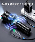 Ridiculously Bright 100000 Lumens USB C Rechargeable LED Flashlight charging showing fast USB C connection and smart chip