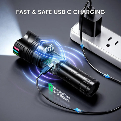 Ridiculously Bright 100000 Lumens USB C Rechargeable LED Flashlight charging showing fast USB C connection and smart chip