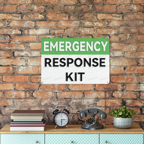 Emergency Response Kit Retro First Aid Sign 12 By 8 Inches Weatherproof Aluminum Marker for wall decor use.