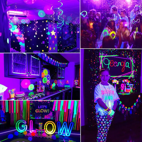 40ft Flexible UV Black Light Strip With LED Kit used in indoor party decor with vibrant neon colors and glow-in-the-dark effects.