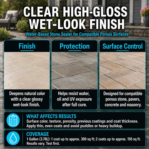 Clear High Gloss Wet Look Stone Sealer For Pavers And Concrete tough color brightening formula, showcased on patio surface.