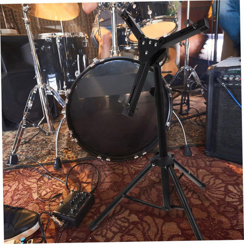Straight Up Adjustable Height Alloy Snare Stand With Folding Practice Pad Rack seen in a music studio, black alloy frame, ready for drum practice.