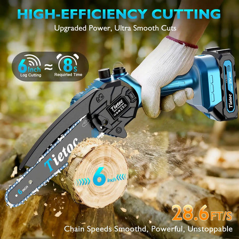 Person using Cordless 6 Inch Mini Chainsaw With 880W Motor And Automatic Oiler Electric Handheld Chainsaw For Fast Cutting