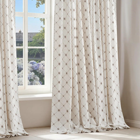 Farmhouse Diamond Geometric Curtain Panels 96 Inches Long W52 X L96 Natural Linen Semi Sheer 250Gsm Light Filtering
