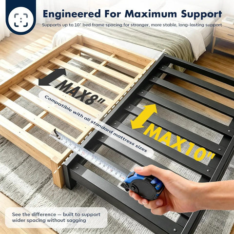 Rock Solid King Bunkie Board 76 By 80 Inches Black Low Profile Under Mattress Support shown with bed frame slats for measurement.