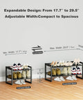 Expandable Heavy Duty Metal Shoe Rack With Adjustable Shelves Freestanding Shoe Organizer for entryway or closet shown compact and expanded.