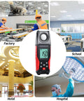 Digital Illuminance Light Meter With Backlight Lux Meter For Indoor Outdoor Use, Measures 0.1 To 200000 Lux And 0.01 To 20000 FC, Go-To Gear For Plants, Film Photography, And Lighting Setup, shown with factory, school, hotel, hospital use