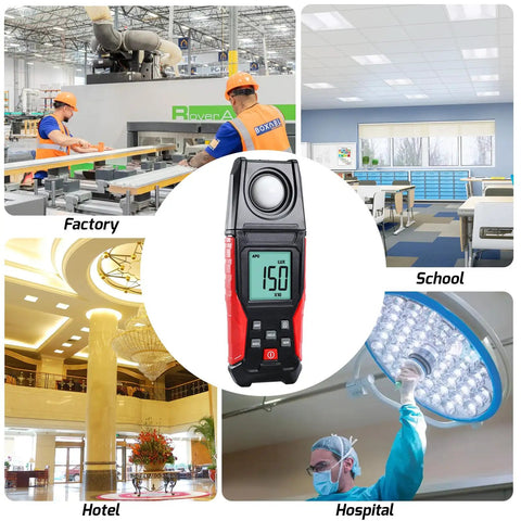 Digital Illuminance Light Meter With Backlight Lux Meter For Indoor Outdoor Use, Measures 0.1 To 200000 Lux And 0.01 To 20000 FC, Go-To Gear For Plants, Film Photography, And Lighting Setup, shown with factory, school, hotel, hospital use