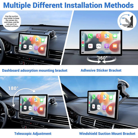 Wireless Apple CarPlay Car Stereo 9 Inch Dash Screen with Android Auto showing multiple installation methods